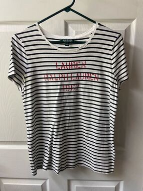 Lauren Ralph Lauren White and Black Striped Short Sleeve Tee with Red Logo